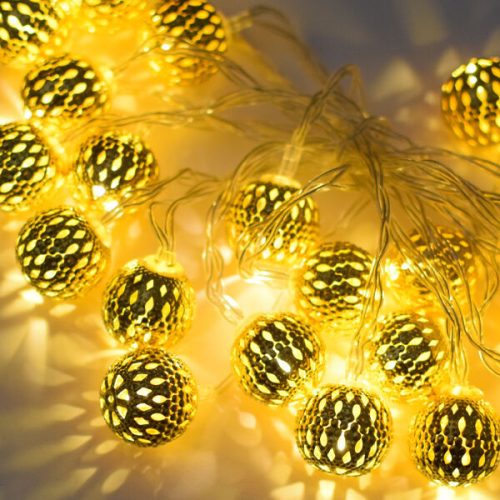 Karácsonyi aranygömbös LED égősor, 20 leddel - 3 méter hosszú, elemes