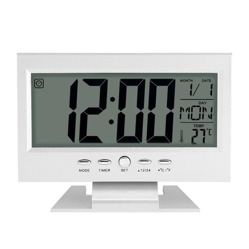 Hangra működő LCD kijelzős asztali óra - ezüst szín