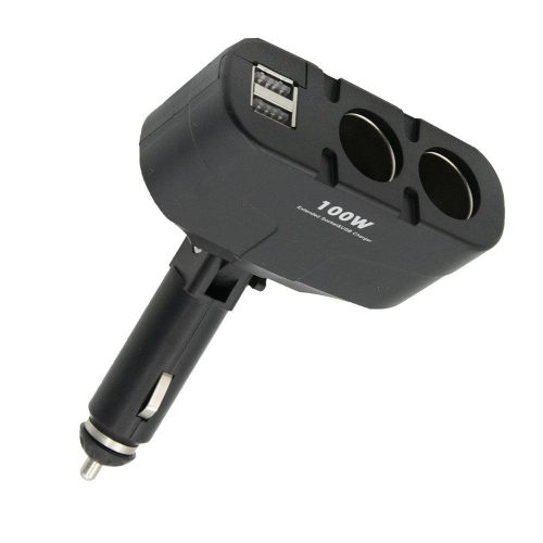 Szivargyújtó elosztó, 2 db szivargyújtó + 2 db USB csatlakozó, 180°-ban mozgatható, 100W
