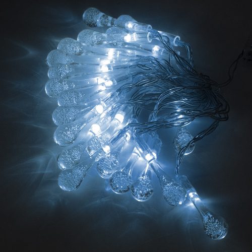 Karácsonyi mini csepp alakú LED fényfüzér - hideg fehér / 3 méter, 20 LED, elemes