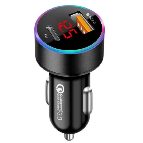 13146 M27 Autós töltő + voltmérő - USB + USB-C (PD)  - Quick Charge 3.0 - 12-24V