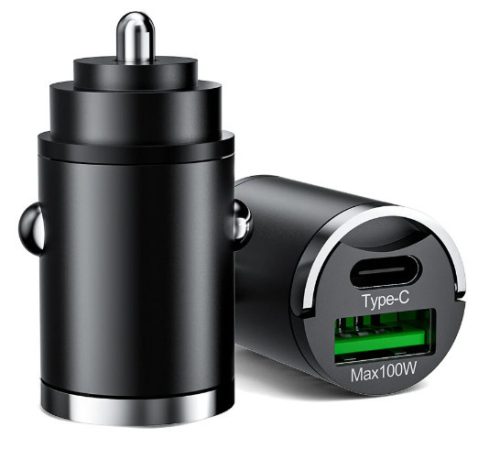 2 portos MAX 100W-os autós gyorstöltő adapter - 12/24V – USB-A + USB-C (PD/QC)