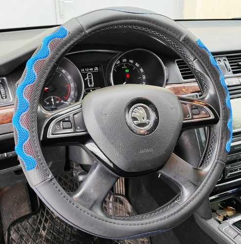 Műbőr kormányvédő 38cm fekete-kék 203-7BL