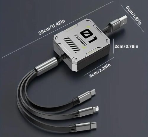 3 az 1-ben visszahúzható fekete USB Type-C töltőkábel Lightning / Micro-USB / USB Type-C
