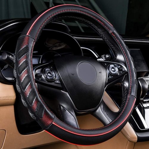 Valódi bőr kormányvédő 38cm fekete-piros 5003R Genuine Leather 