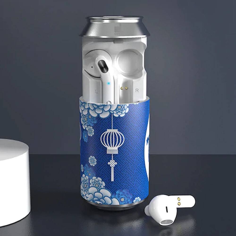 Vezeték nélküli Bluetooth fülhallgató, üdítős doboz formájú tokkal, kék-fehér