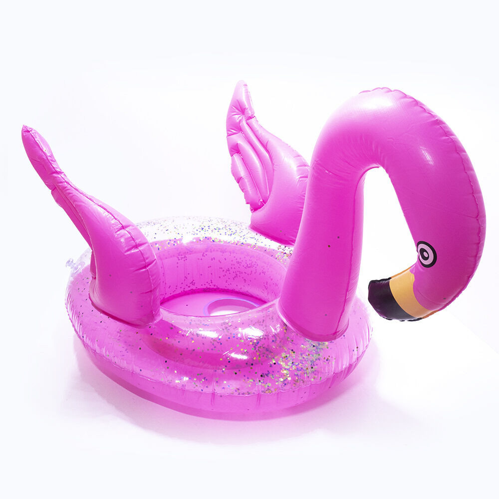 Felfújható, beülős úszógumi, 60x45 cm – rózsaszín, flitteres flamingó