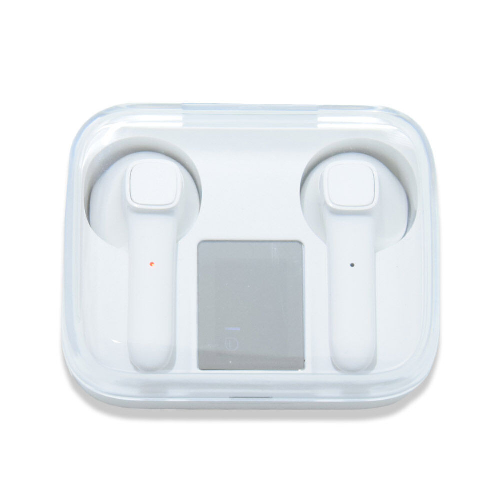 Vezeték nélküli Bluetooth fülhallgató / tokba épített töltővel és digitális töltöttség jelzővel - fehér színben (Mir2)