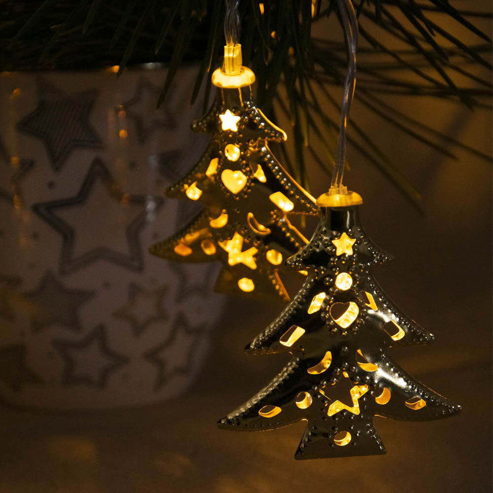 Ünnepi dekorációs LED fényfüzér - meleg fehér, 10 ledes, arany karácsonyfák, USB csatlakozóval / 2 méter (921)