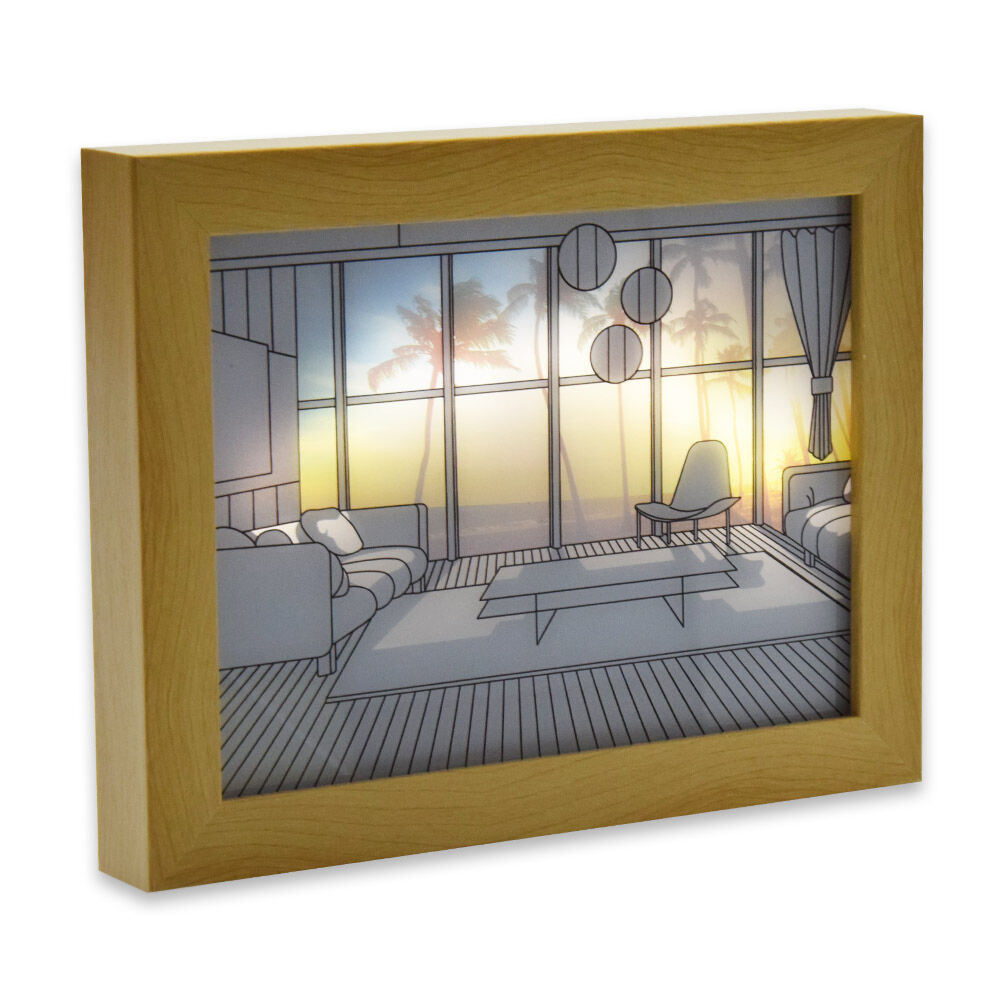 Világító kép keretben, 3 világítási móddal, pálmafás kilátás a nappaliból - 23x18 cm