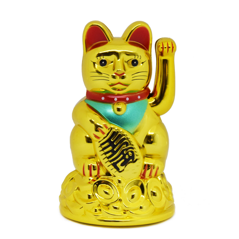 Maneki-neko tradicionális japán integető macska, szerencsét hoz, elemes - arany (MLY45A)